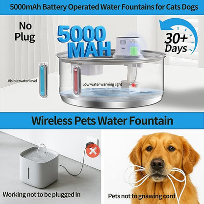Petsamuse Wireless Dog Water Fountain, 2.1Gal/8L Battery Operated Stainless Steel Pet Water Fountain Motion Sensor Dog Water Bowl Large Cat Bowl Inside with 3 Filters and 2 Ultra Quiet Pumps