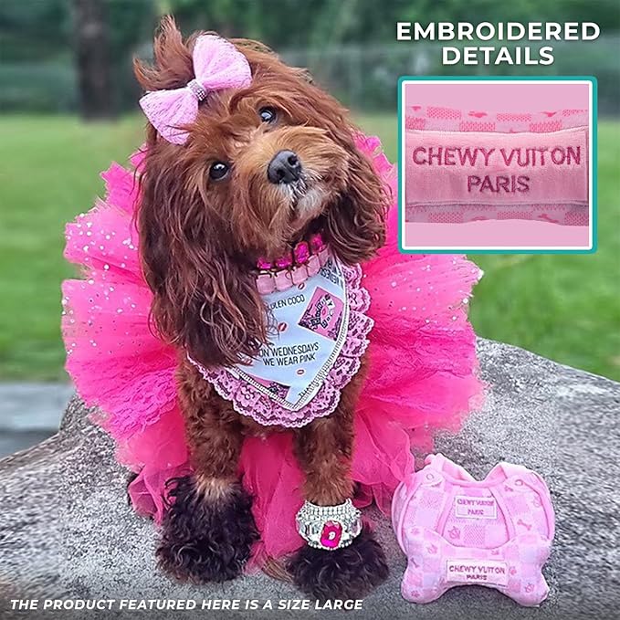 Haute Diggity Dog Pink Checker Chewy Vuiton Bone, Plush Designer Dog Toys with Interactive Squeaker, Stimulating Pet Enrichment, Machine-Washable & Safe Materials for All Breeds, Size XL
