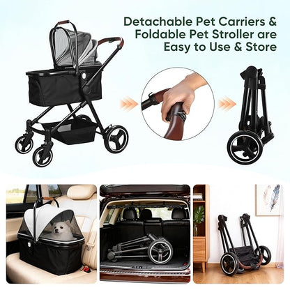 Foldable Dog Stroller, 3 in 1 Pet Stroller for Small Medium Dog Cat up to 50lbs, Detachble Portable Pet Bag, Storage Basket and One-Button Folding Frame