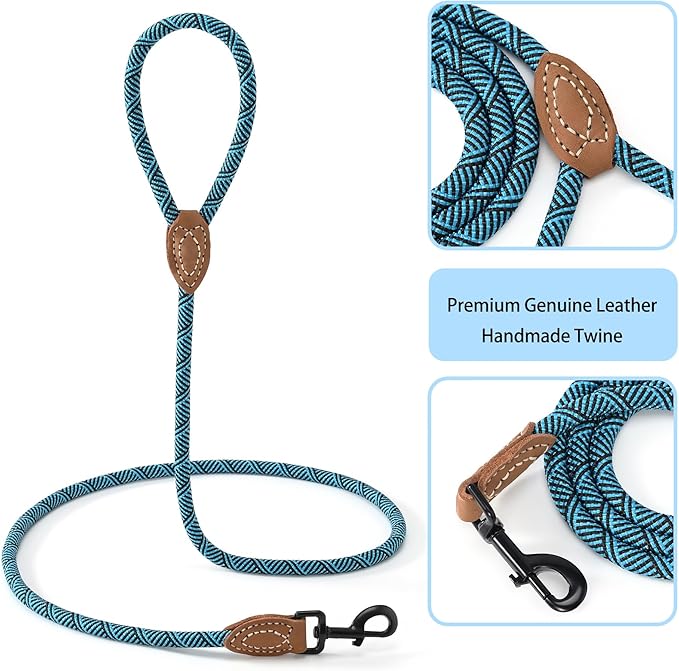 Mile High Life Rope Leash with Genuine Leather Connection, 6 FT/5 FT/4 FT, Heavy Duty Leash for Medium & Large Dogs (Turquoise Green, 60 Inch)