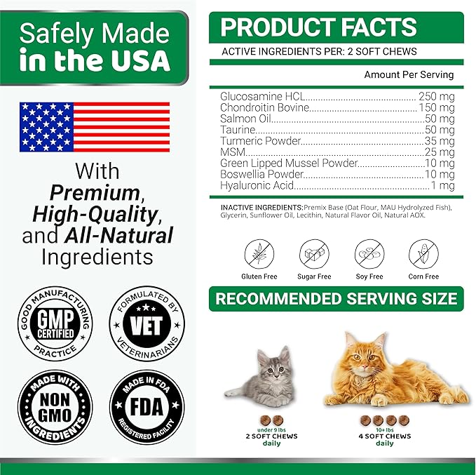 Cat Hip and Joint Health Supplement Chews – Advanced Glucosamine for Cats – MSM, Chondroitin & Omega-3 Salmon Oil – Supports Mobility, Joint Pain Relief, Cat Vitamins for Indoor & Outdoor Cats