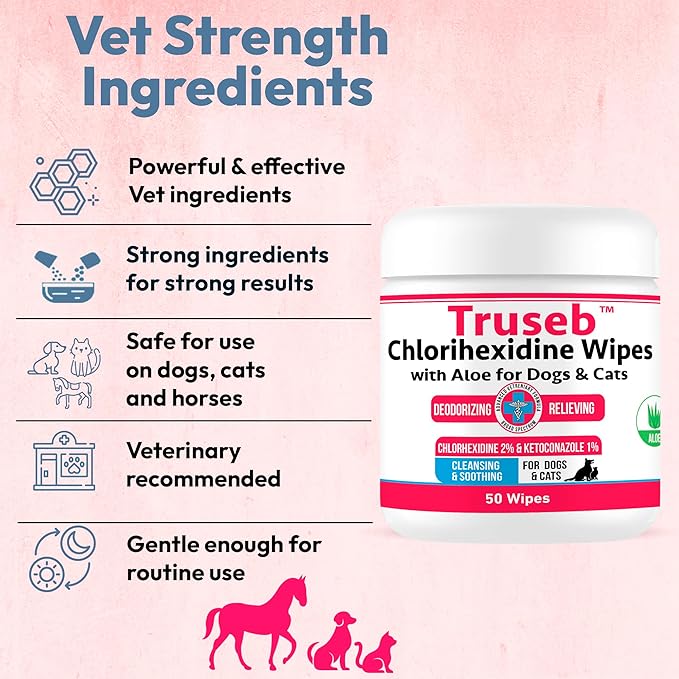 Pet Health Pharma Truseb Topical Ketoconazole and Chlorhexidine Wipes for Dogs, Cats and Horses - with Aloe for Cleansing - 50 Count (Ketoconazole & Chlorhexidine Wipes, 50 Count)