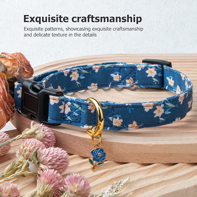 Cotton Handmade Dog Collar Cute and Distinctive Patterns Blue Tulip with Pendant for Girl Boy Dogs Collars S