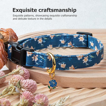 Cotton Handmade Dog Collar Cute and Distinctive Patterns Blue Tulip with Pendant for Girl Boy Dogs Collars S