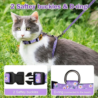 Hikiko Cat Harness and Leash Set Escape Proof Adjustable Walking Travel Cute Girl Kitten Harness for Small Medium Large Cats (Purple Floral, M)