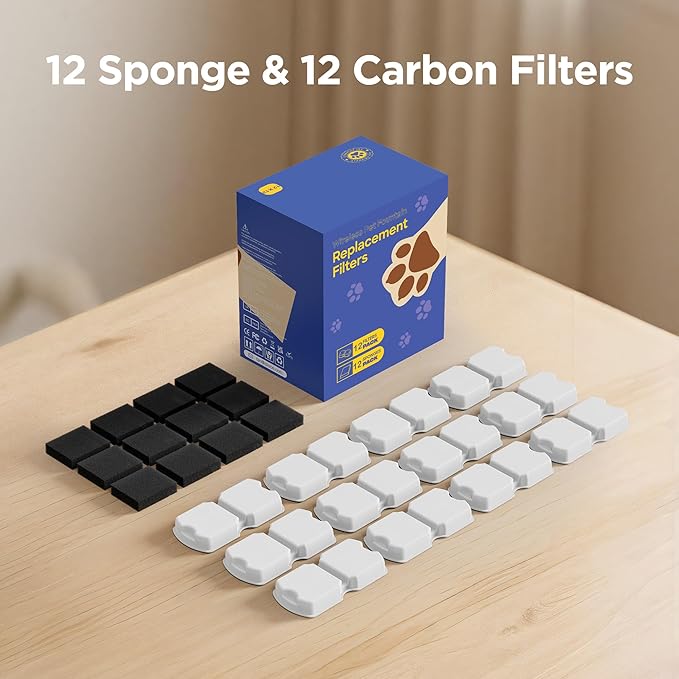 GIOTOHUN Cat Water Fountain Filter: 24 Cat Fountain Filter Replacement - 24 Pet Fountain Filter - 12 Carbon Filters & 12 Foam Filters - Suitable for GIOTOHUN Stainless Steel Cat Fountain S11