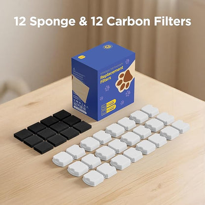 GIOTOHUN Cat Water Fountain Filter: 24 Cat Fountain Filter Replacement - 24 Pet Fountain Filter - 12 Carbon Filters & 12 Foam Filters - Suitable for GIOTOHUN Stainless Steel Cat Fountain S11