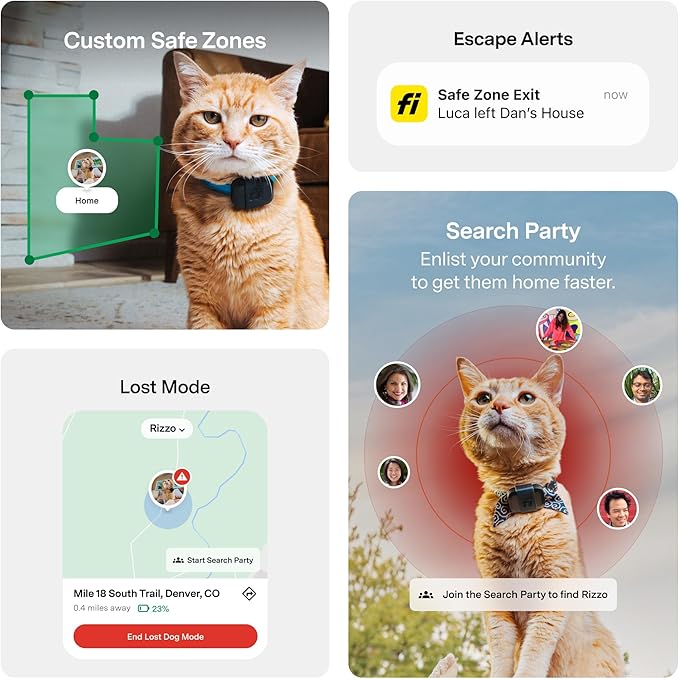 Fi Mini GPS Tracker for Cats — Lightweight Collar Attachment, Virtual Fences, Escape Alerts, Step & Health Tracking, Waterproof Cat Tracker — 6-Month Membership Included