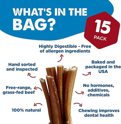 Best Bully Sticks 6 Inch Bully Sticks for Dogs - 15 Count (Pack of 1) - Natural, Easily Digestible, 100% Grass-Fed Beef, Grain and Rawhide Free