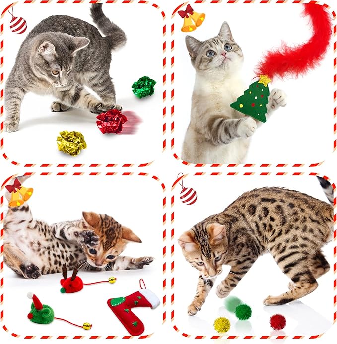 Lepawit Cat Christmas Stocking, 10 Pack Gifts for Christmas, Interactive Feather Toy with Catnip, Cat Ball Toys, Crinkle Balls, Mice Toys for Indoor Cats & Kitten
