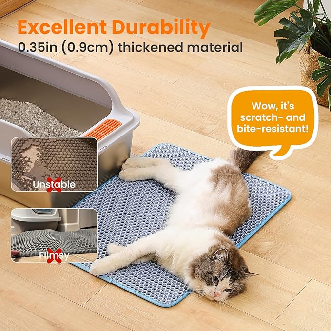 Petinstinct Cat Litter Mat, 24x18 Inches Large Double Layer Honeycomb Cat Litter Trapping Mat, Non Slip Waterproof Urine Proof Cat Litter Box Mat for Floor, Kitty Litter Rug, Cat Supplies, Blue