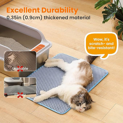 Petinstinct Cat Litter Mat, 24x18 Inches Large Double Layer Honeycomb Cat Litter Trapping Mat, Non Slip Waterproof Urine Proof Cat Litter Box Mat for Floor, Kitty Litter Rug, Cat Supplies, Blue