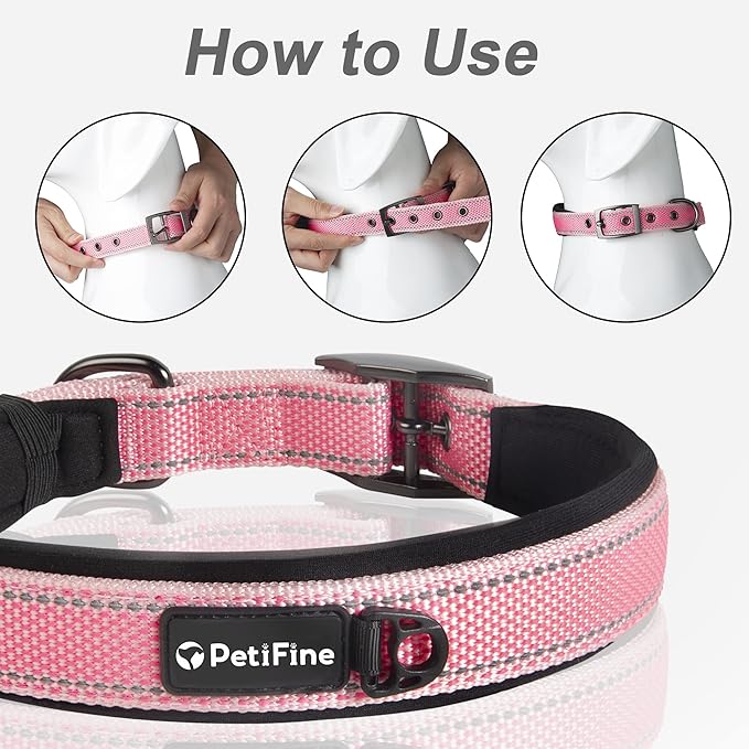 PetiFine Dog Collars for Small Dogs, Neoprene Padded Dog Collar, Reflective Heavy Duty Pet Collars with Durable Metal Belt Buckle for Walking, Pink, S