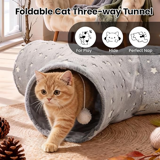 Tempcore 3-Way Collapsible Cat Tunnel Toy with Self-Luminous Tube & Peek Hole Ball - Photoluminescence Play Tunnel for Indoor Cats, Kittens, Kitty, Puppy, Rabbit - Boredom Relief Pet Toy
