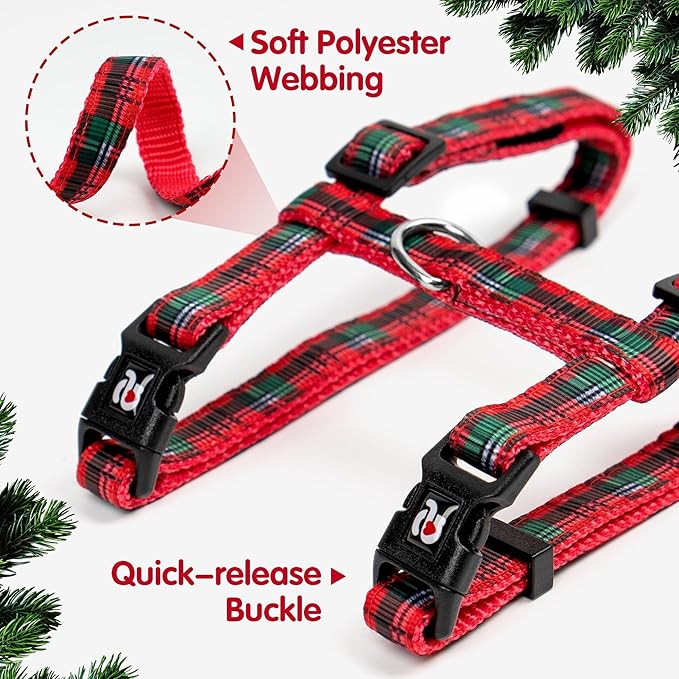 azuza Cat Harness and Leash Set for Safe Walking, Escape Proof, Soft and Comfortable, Adjustable Kitten Harness for Small Medium Large Cats, Christmas Plaid, Neck Girth: 7"-10", Chest Girth: 10"-17"