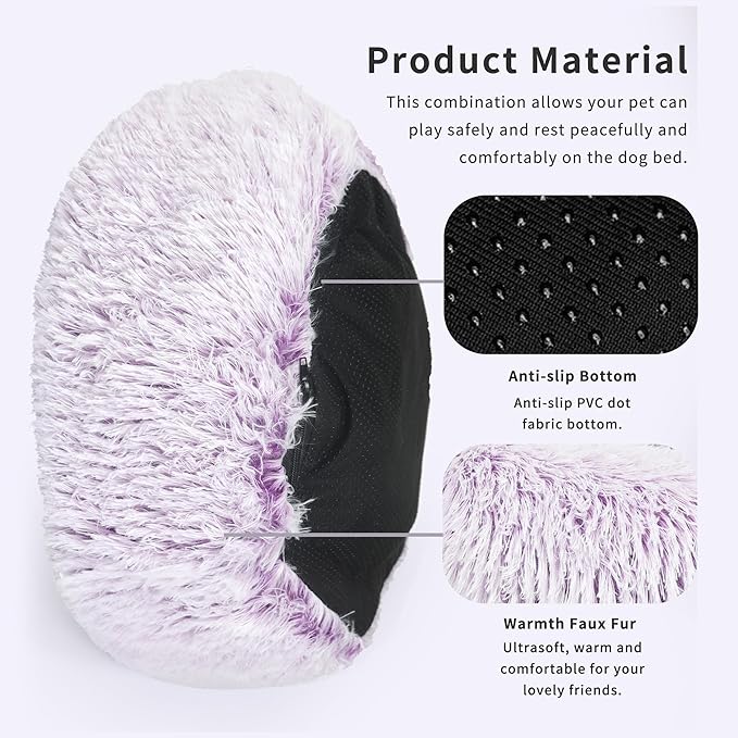 Calming Dog Bed for Medium Dogs Washable Donut 30 inches Anti-Slip Pet Bed,Round Fluffy Plush Faux Fur Cat Bed,Fits up to 45 lbs Pets,Gradient Purple