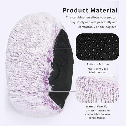 Calming Dog Bed for Medium Dogs Washable Donut 30 inches Anti-Slip Pet Bed,Round Fluffy Plush Faux Fur Cat Bed,Fits up to 45 lbs Pets,Gradient Purple