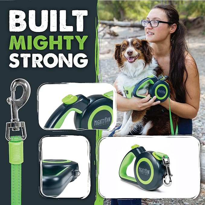 Mighty Paw Retractable Dog Leash 2.0 - Auto-Locking Button for The Control When You Need - Stainless Steel Coil for Smooth Retraction - Super Reflective Ring for Nighttime Visibility - No More Tangle