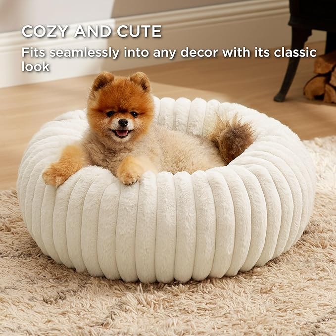Bedsure ComfyFleece Donut Small Dog Bed - Dog Beds for Small Dogs with Corduroy Fleece & Anti Slip Bottom, Round Faux Fur Pet Beds with Washable Removable Cover, Cream, 23x23x7 inches