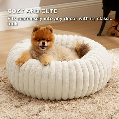 Bedsure ComfyFleece Donut Small Dog Bed - Dog Beds for Small Dogs with Corduroy Fleece & Anti Slip Bottom, Round Faux Fur Pet Beds with Washable Removable Cover, Cream, 23x23x7 inches