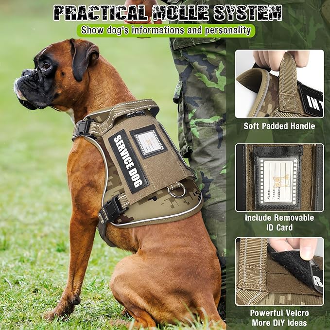 MOOGROU Tactical Dog Harness and Leash Set for Large Dogs,Heavy Duty No Pull Service Dog Vest and 10 Patches with Dog Seat Belt,Reflective Adjustable Pet Harness for Training Walking Hiking Camo XL