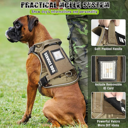 MOOGROU Tactical Dog Harness and Leash Set for Large Dogs,Heavy Duty No Pull Service Dog Vest and 10 Patches with Dog Seat Belt,Reflective Adjustable Pet Harness for Training Walking Hiking Camo XL