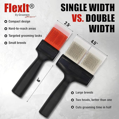 FlexIt Flexible Slicker Brush for Dogs - Professional 3-in-1 System & Video Trainings - Dual-Sided Dematting, Undercoating & Finishing Dog Grooming Brush by Groomers Helper (Single, Soft Flex)