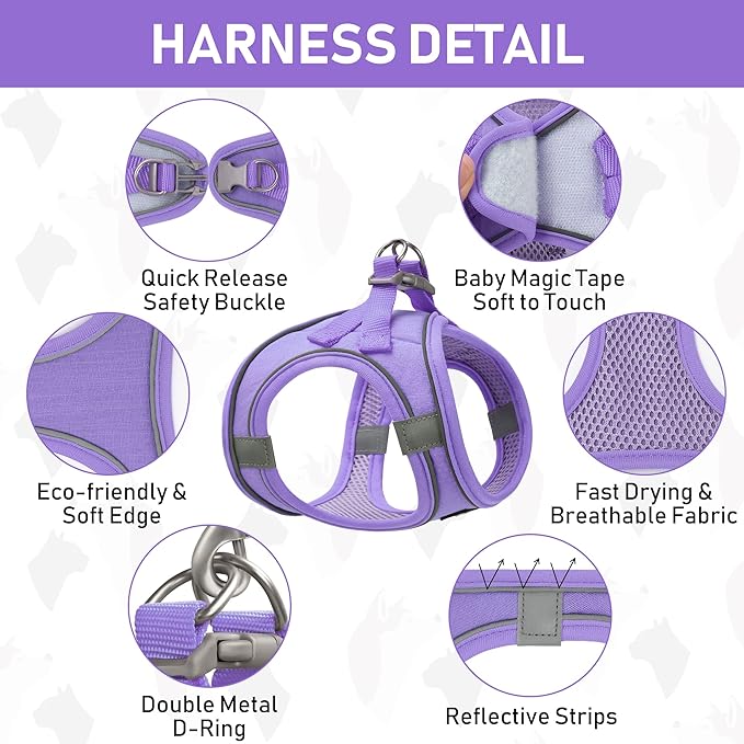 GAMUDA Small Pet Harness Collar and Leash Set, Step in No Chock No Pull Linen Fabric Soft Mesh Dog Vest Harnesses Reflective for Dogs Puppy Cats Kitten Rabbit (Purple, XXS)