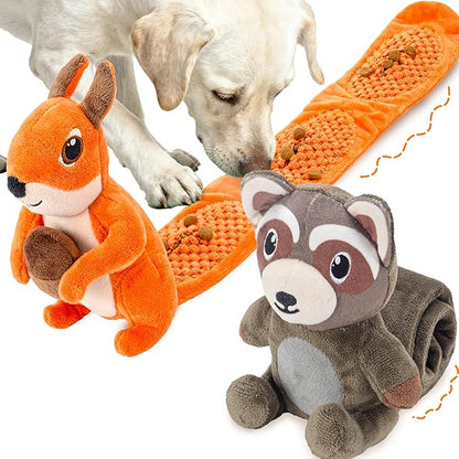 2-Pack Squeaky Dog Toys, Long Crinkle Tail with Treat Dispenser Pockets Plush Interactive Puzzle Toys for IQ Snuffle Foraging Training, Suitable for Small Medium & Large Dogs to Keep Them Busy