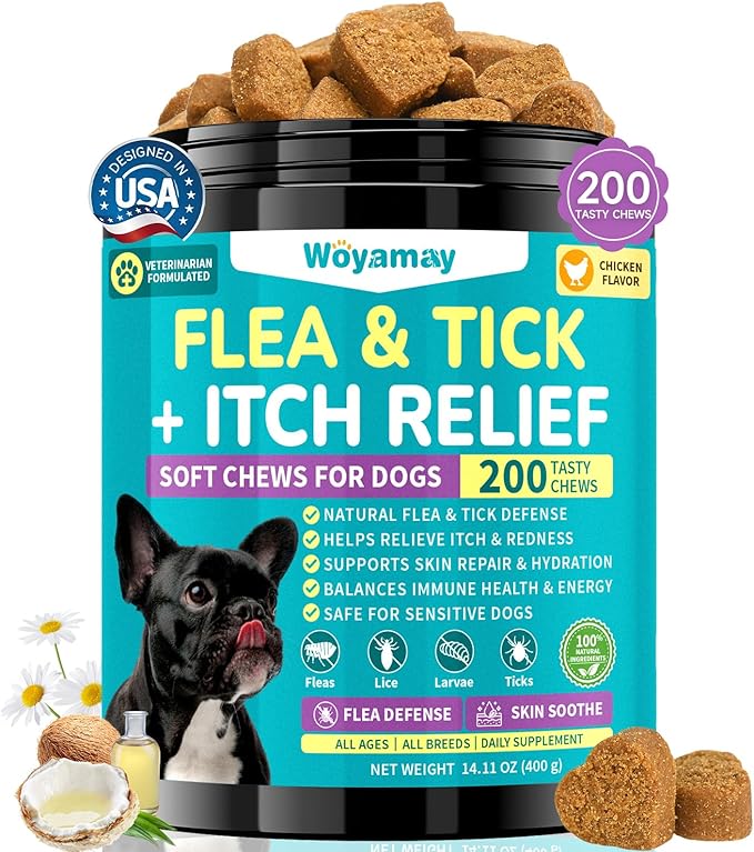 Woyamay Flea & Tick + Itch Relief for Dogs Chewables, Flea and Tick Prevention for Dogs, Dog Allergy Chews, Dog Itching Skin Relief & Skin Repair, Flea Treatment Dogs, 200 Soft Chews, Chicken Flavor