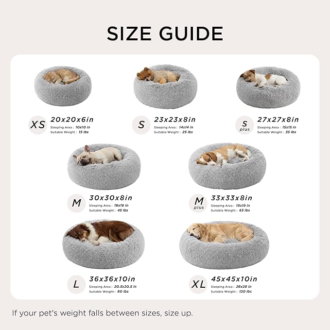 Bedsure Calming Dog Bed for Small Dogs - Donut Washable Small Pet Bed, 23 inches Anti-Slip Round Fluffy Plush Faux Fur Large Cat Bed, Fits up to 25 lbs Pets, Pale Grey