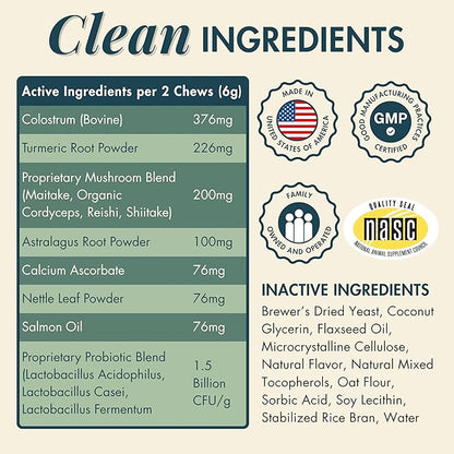Wholistic Pet Allergy & Immune - Dog Allergy Chews with Mushrooms, Colostrum, Turmeric & Salmon Oil - Immune Support & Itch Relief for Dogs - Pre & Probiotics for Gut Health - Bacon Flavor - 90 Chews
