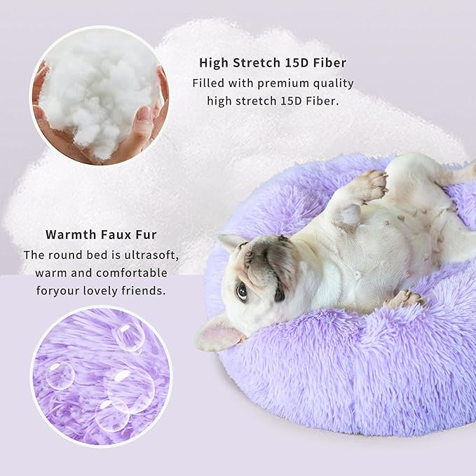 Calming Donut Dogs Beds for Small Dogs Washable,23inch Plush Round Pet Bed for Cozy Sleep,Fluffy Faux Fur Large Cat Bed,Fits up to 25 lbs Pets,Purple