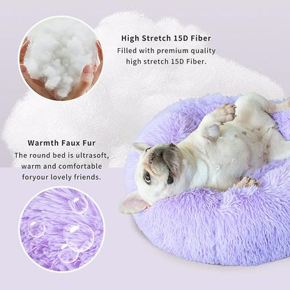 Calming Donut Dogs Beds for Small Dogs Washable,23inch Plush Round Pet Bed for Cozy Sleep,Fluffy Faux Fur Large Cat Bed,Fits up to 25 lbs Pets,Purple