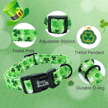 St Patrick's Day Dog Collar-Trefoil Spring Adjustable Cute Pet Collars Green Soft Cotton Holiday Puppy Collar Necklace Gift for Small Dogs