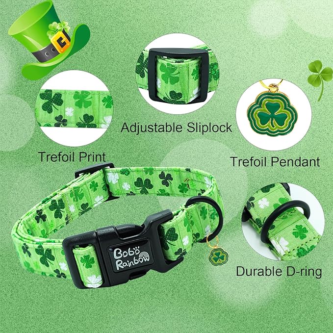 St Patrick's Day Dog Collar-Trefoil Spring Adjustable Cute Pet Collars Green Soft Cotton Holiday Puppy Collar Necklace Gift for Large Dogs