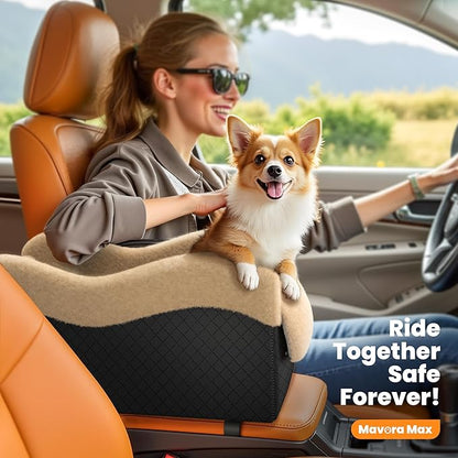 Mavora Max Portable Small Dog Seat for Car, Luxury Center Console Dog Car Seat Booster with Safety Tethers, Anti-Collapse Pet Travel Carseat for SUV, Truck (Black/Brown)