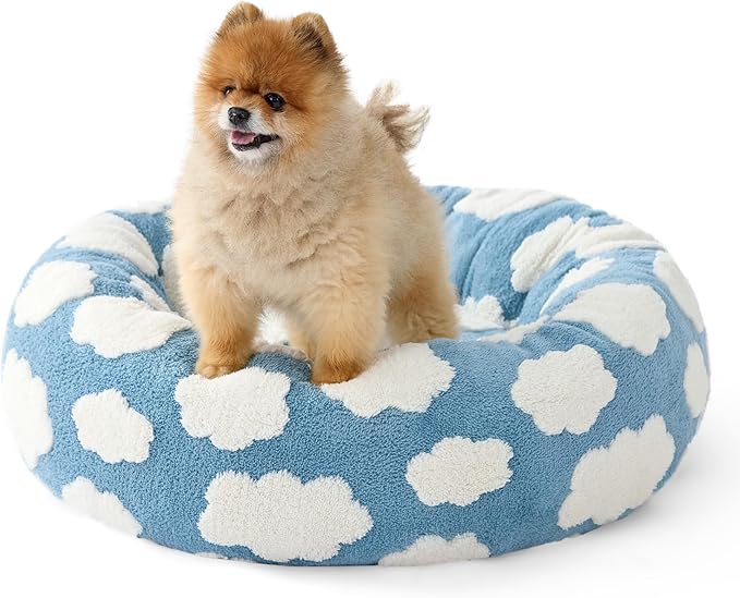 LE SURE Donut Small Dog Bed - Round Cat Beds for Indoor Cats as Gift, Cute Modern Home Decor Beds with Jacquard Shaggy Plush & Anti Slip Bottom, 27 Inch, Blue