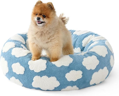 LE SURE Donut Small Dog Bed - Round Cat Beds for Indoor Cats as Gift, Cute Modern Home Decor Beds with Jacquard Shaggy Plush & Anti Slip Bottom, 27 Inch, Blue