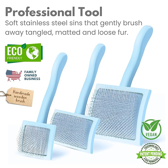Pet Slicker Brush With Soft Massage Grooming Stainless Steel Pins - For Dematting, Shedding Fur, and Undercoat - Ideal Gift for Professional Pet Groomers - Long Slicker Brush (Blue, Curved Medium)