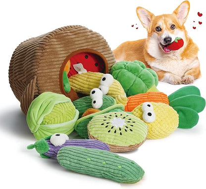 Nocciola Squeaky Fruits Veggies Stuffed Dog Toys Pack- Hide Seek Grocery Basket Crinkle Plush Puppy Toys to Keep Busy, Birthday Pet Supplies Gifts for Small Medium Breeds