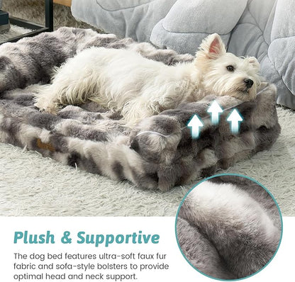 Faux Fur Orthopedic Dog Bed, Dog Bed for Medium Size, Supportive Foam Pet Sofa with Waterproof Lining Cover, Washable U-Shaped Pet Couch with Anti-Slip Bottom, Tie-dye Grey M 30x20x6.5 inch