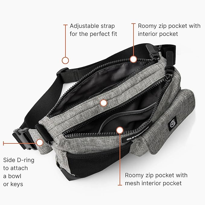 Cleverpup Dog Walk & Train Sling Bag by Cleverpup - Hands-Free 2-In-1 Treat Pouch, Poop Bag Holder, Clicker, Phone Pocket - Crossbody/Fanny Pack, Adjustable Strap - Heather Grey