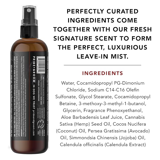 Pride and Groom The Leave in – Dog Conditioner and Detangler Spray Made in USA with Clean Ingredients & Signature Scent to Nourish, Moisturize, Repair, & Add Shine to All Pet Coat Types – 12 fl oz