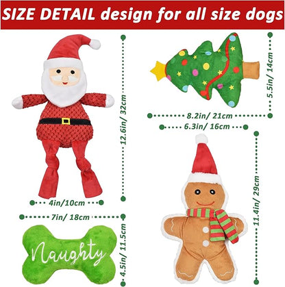 LECHONG Christmas Dog Toys, 4pcs Stuffed Dog Squeaky Toys for Teething and Chewing, Tough Xmas Gift Toy Bundle Santa Toys for Small Large Dogs Puppy