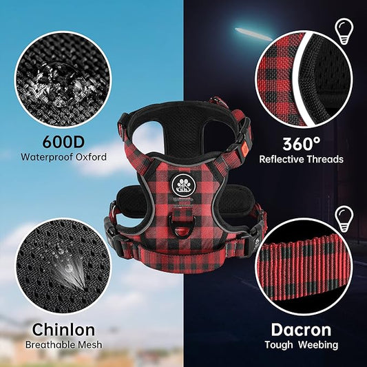 NESTROAD No Pull Dog Harness with Leash, Reflective No Choke Pet Vest Harness,Adjustable Soft Padded Dog Harness with Easy Control Handle for Medium Dogs(Checkered Red,Medium)