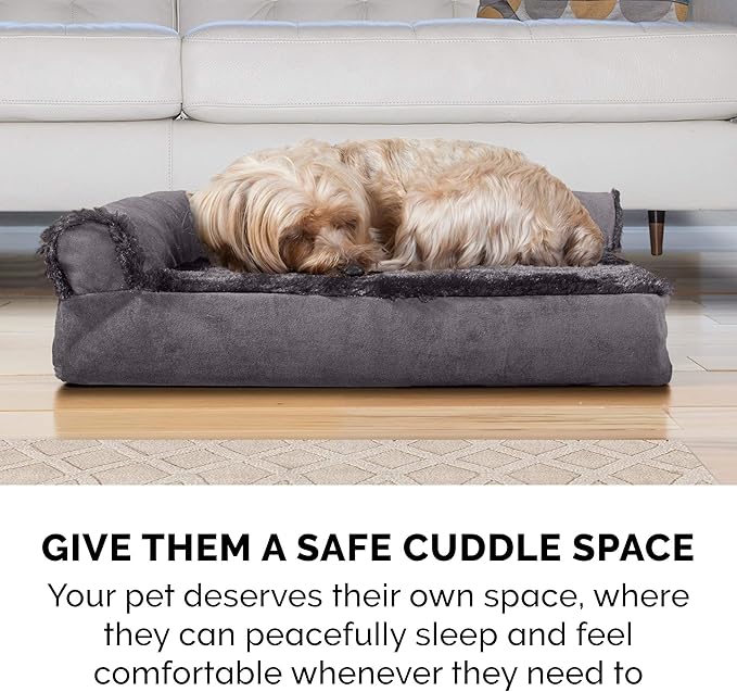 Furhaven Cooling Gel Dog Bed for Medium/Small Dogs w/ Removable Bolsters & Washable Cover, For Dogs Up to 35 lbs - Plush & Velvet L Shaped Chaise - Platinum Gray, Medium