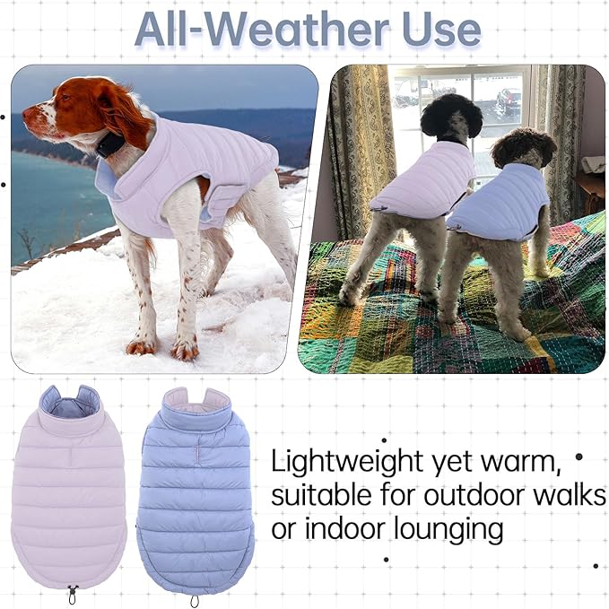 Lelepet Reversible Dog Coat Waterproof Dog Jacket Windproof Puffer Vest for Winter Warm Lightweight Coats for Small Dogs Adjustbale Hook & Loop Pet Apparel with Leash Hole, Chihuahua, Purple, XS