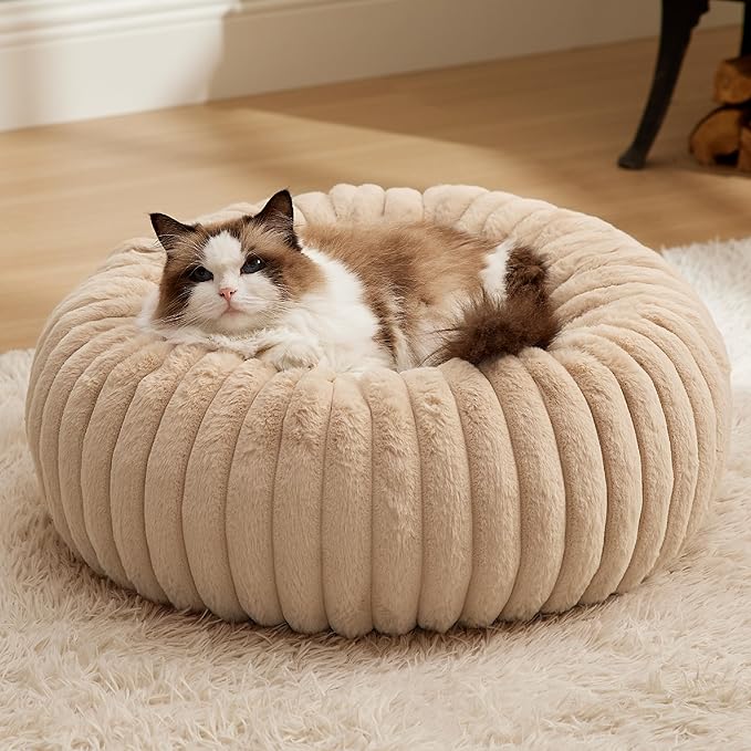 Bedsure ComfyFleece Cat beds for Indoor Cats - Donut Dog Beds for Small Dogs with Corduroy Fleece & Anti Slip Bottom, Faux Fur Pet Beds with Washable Removable Cover, Sandy Beige, 20x20x6 inches