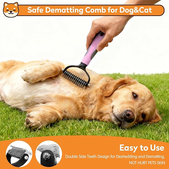 PWOD Dog & Cat Brush Kit 2PCS, Self Cleaning Slicker Brush for Pets, Dog Brush for Shedding Massaging and Grooming, Removes Loose Undercoat & Portable Comb for Long Short Haired Dogs(Pink)